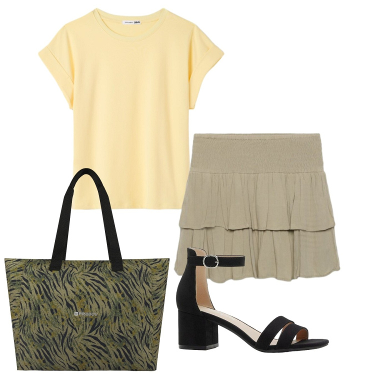 Outfit donna - Ocra. Stile Casual per Tutti i giorni. Abbinamento con sandali col tacco, minigonne, t-shirt, shopping bag.