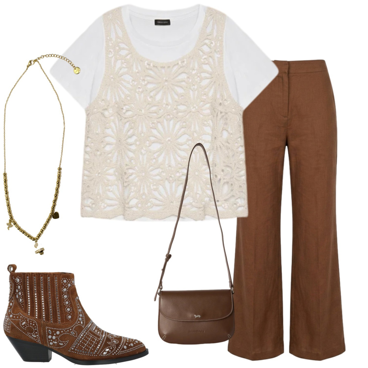 Outfit donna - Total look #2453338. Stile Casual chic per Tutti i giorni. Abbinamento con stivaletti, borse a tracolla, t-shirt, pantaloni, ciondoli.