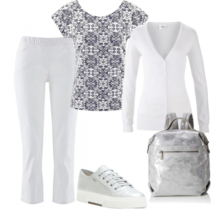 Outfit donna - Bianco low cost. Stile Basic per Tutti i giorni. Abbinamento con pantaloni, cardigan, sneakers con lacci traspirante argento, t-shirt con scollo aderente bianco, zaino mini bianco.