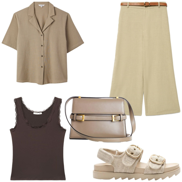 Outfit donna - Look comodo e confortevole. Stile Casual per Tutti i giorni. Abbinamento con sandali, borse a tracolla, pantaloni a palazzo, camicie a manica corta, top.