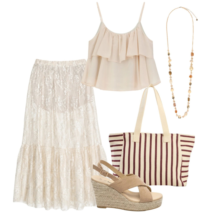 Outfit donna - Vacanze boho al mare. Stile Boho per Mare. Abbinamento con sandali col tacco, shopping bag, gonne lunghe, top, collane.