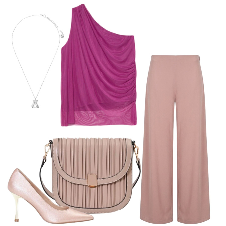 Outfit donna - Total look #2453359. Stile Casual chic per Tutti i giorni. Abbinamento con top, pantaloni a palazzo, borse a tracolla, décolleté, ciondoli.