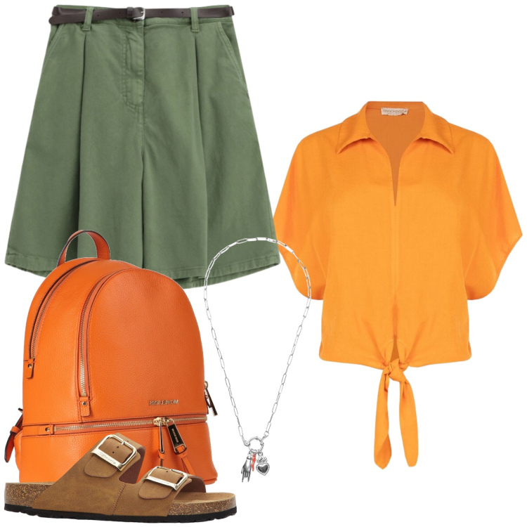 Outfit donna - Total look #2453360. Stile Casual chic per Tutti i giorni. Abbinamento con zaini, ciabatte, shorts, camicie a manica corta, ciondoli.