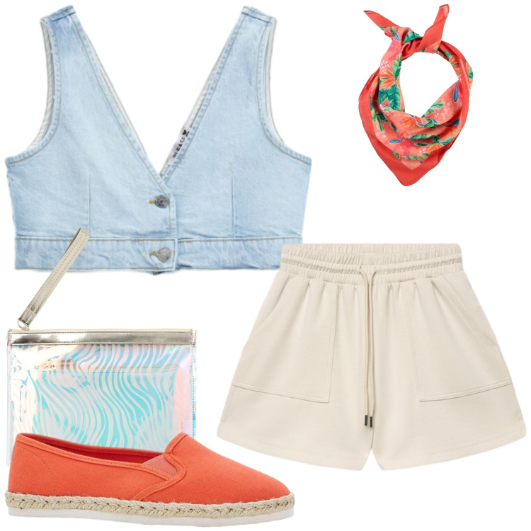 Outfit donna - Total look #2453361. Stile Casual chic per Tutti i giorni. Abbinamento con foulard, espadrillas, pochette, bermuda, top.