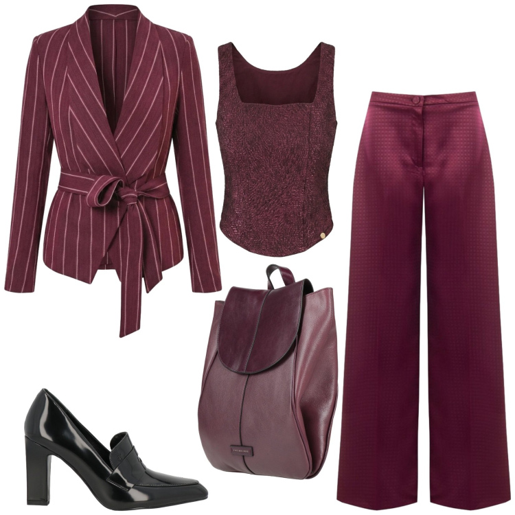 Outfit donna - Total look #2453364. Stile Chic per Ufficio. Abbinamento con mocassini, zaini, top, blazer, pantaloni a palazzo.
