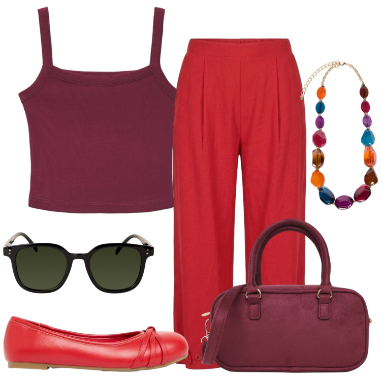 Outfit donna - Total look #2453365. Stile Casual chic per Tutti i giorni. Abbinamento con ballerine, canottiere, borse a tracolla, collane, pantaloni, occhiali da sole.