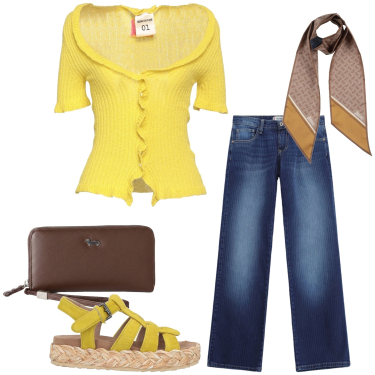 Outfit donna - Total look #2453368. Stile Casual chic per Tutti i giorni. Abbinamento con cardigans, espadrillas, sciarpe, portafogli, jeans dritti.