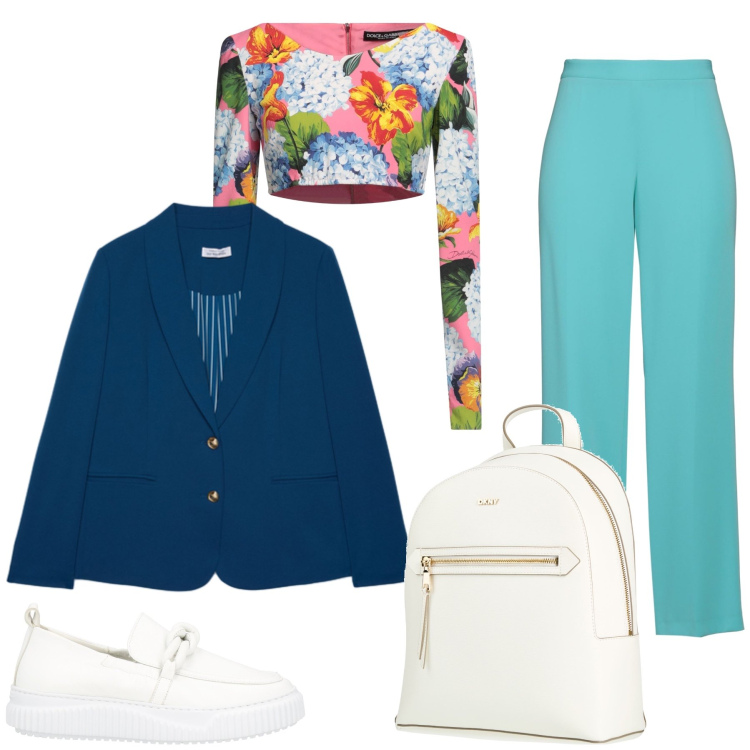 Outfit donna - Total look #2453369. Stile Casual chic per Tutti i giorni. Abbinamento con mocassini, top, zaini, pantaloni, blazer.
