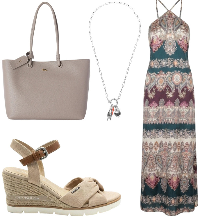 Outfit donna - Total look #2453370. Stile Etnico per Tutti i giorni. Abbinamento con sandali col tacco, shopping bag, ciondoli, vestiti lunghi.
