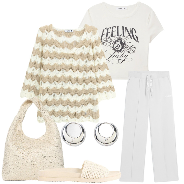 Outfit donna - Total look #2453376. Stile Casual chic per Tutti i giorni. Abbinamento con orecchini, ciabatte, borse a spalla, t-shirt, maglieria, pantaloni.