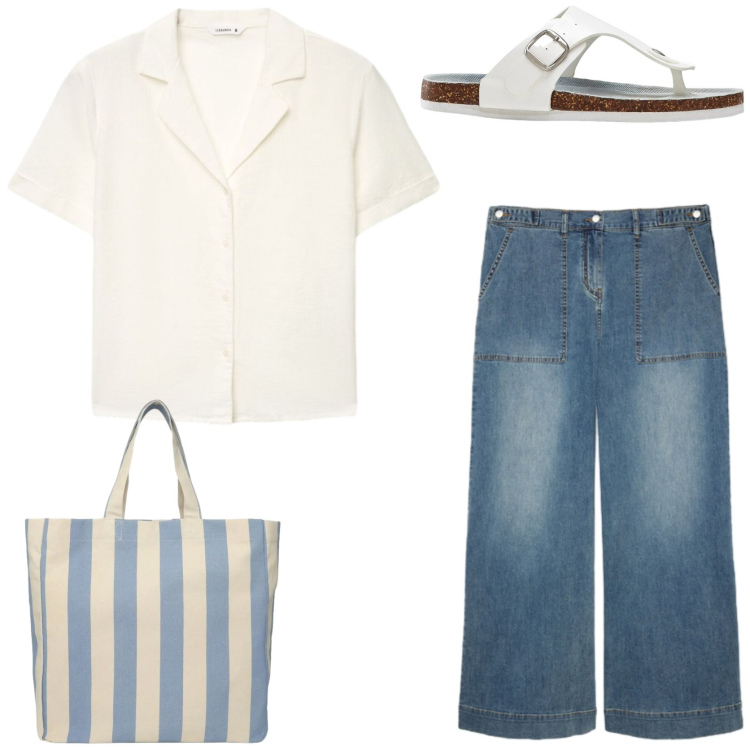 Outfit donna - In città. Stile Casual per Tutti i giorni. Abbinamento con infradito, shopping bag, camicie a manica corta, jeans.