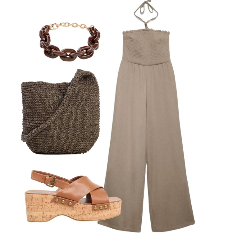 Outfit donna - Jumpsuit. Stile Chic per Tutti i giorni. Abbinamento con zeppe, shopping bag, braccialetti, tute.