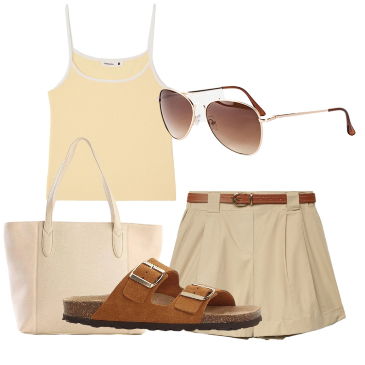 Outfit donna - Mini. Stile Bon Ton per Tutti i giorni. Abbinamento con ciabatte, shopping bag, occhiali da sole, shorts, canottiere.