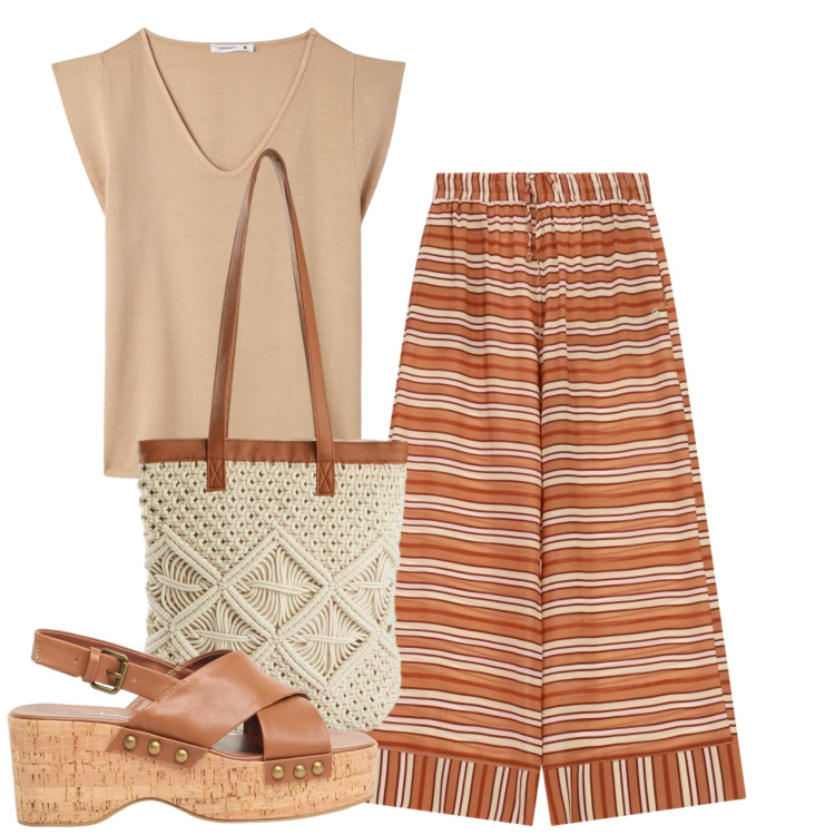 Outfit donna - Pantapalazzo. Stile Casual per Tutti i giorni. Abbinamento con zeppe, shopping bag, t-shirt, pantaloni a palazzo.