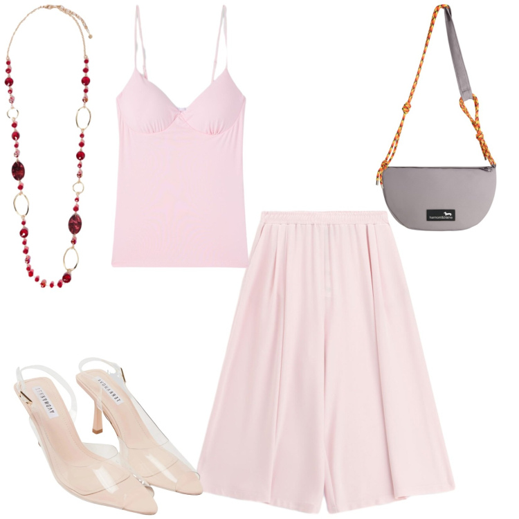 Outfit donna - Total look #2453393. Stile Romantica per Serata fuori. Abbinamento con borse a tracolla, canottiere, sandali col tacco, pantaloni a palazzo, collane.