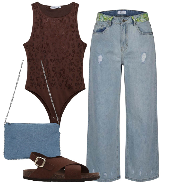 Outfit donna - Moki. Stile Casual per Tutti i giorni. Abbinamento con sandali in pelle, top, borse a tracolla, jeans strappati.