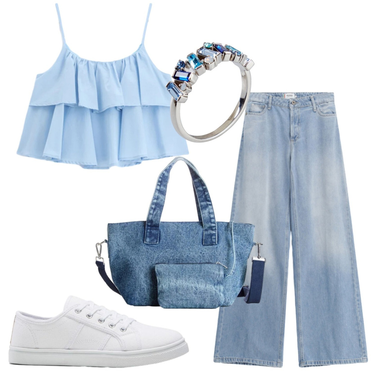 Outfit donna - Total look #2453398. Stile Casual per Tutti i giorni. Abbinamento con sneakers, borse a mano, anelli, jeans, top.