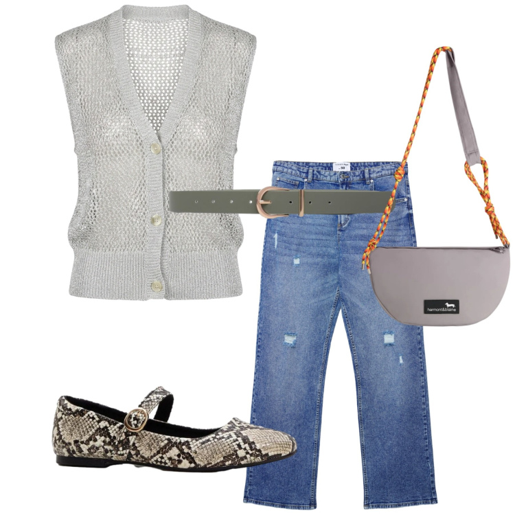 Outfit donna - Total look #2453400. Stile Casual per Tutti i giorni. Abbinamento con ballerine, borse a tracolla, jeans strappati, cinture, maglieria.