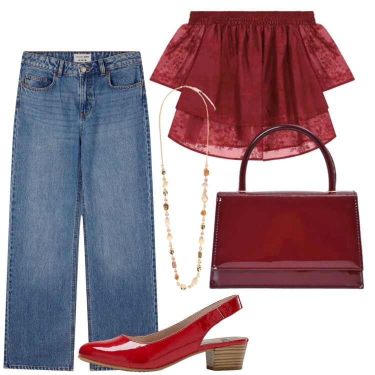 Outfit donna - Total look #2453411. Stile Casual chic per Tutti i giorni. Abbinamento con décolleté, jeans, bluse, borse a mano, collane.