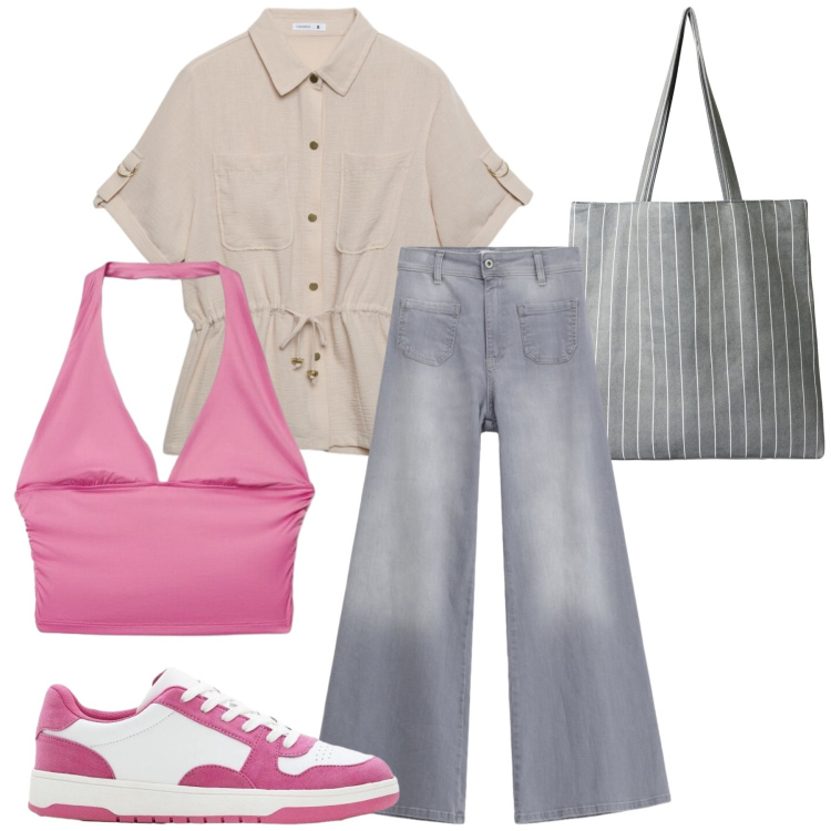 Outfit donna - Total look #2453422. Stile Casual chic per Tutti i giorni. Abbinamento con sneakers, shopping bag, camicie a manica corta, top, jeans.