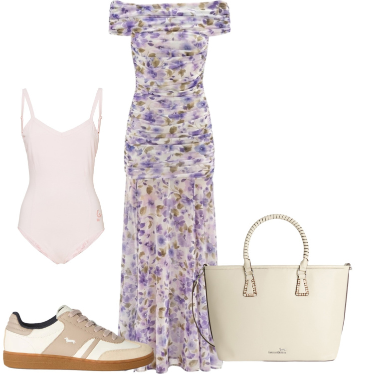 Outfit donna - Total look #2453423. Stile Casual chic per Tutti i giorni. Abbinamento con sneakers, shopping bag, vestiti lunghi, body.
