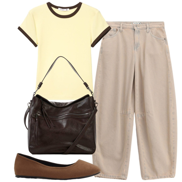 Outfit donna - Balloons. Stile Casual per Tutti i giorni. Abbinamento con ballerine, shopping bag, t-shirt, pantaloni a palazzo.