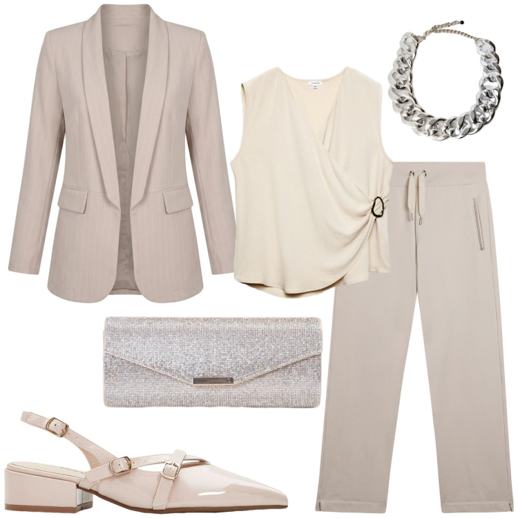 Outfit donna - Eleganza. Stile Casual chic per Tutti i giorni. Abbinamento con décolleté, top, clutch, pantaloni, collane, blazer.