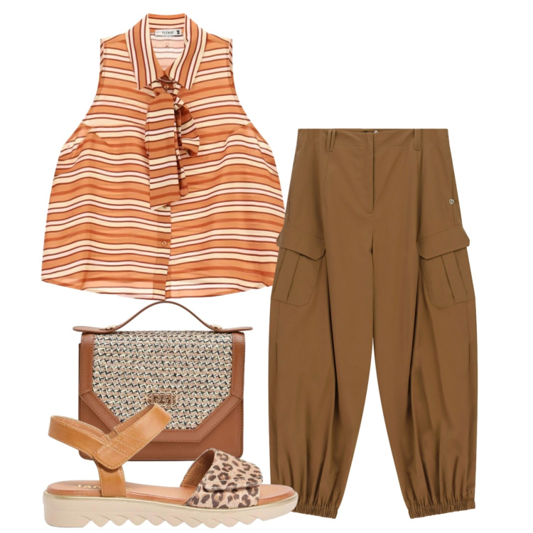 Outfit donna - Cargo. Stile Basic per Tutti i giorni. Abbinamento con sandali, pochette, pantaloni cargo, top.