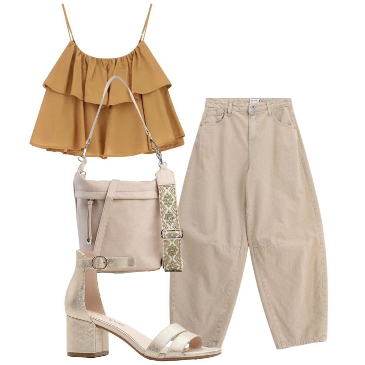 Outfit donna - Balze al top. Stile Casual per Tutti i giorni. Abbinamento con sandali col tacco, borse a tracolla, jeans, top.