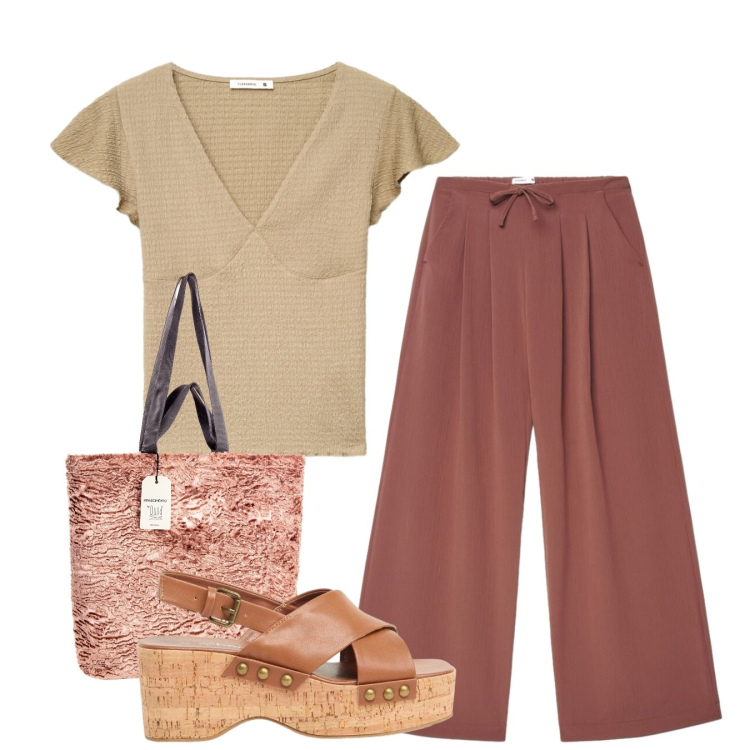 Outfit donna - Zeppe in sughero. Stile Bon Ton per Tutti i giorni. Abbinamento con zeppe, pantaloni, t-shirt, borse tote.