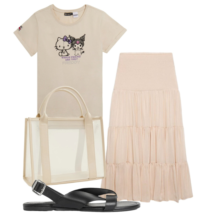 Outfit donna - Pomeriggio tra amiche. Stile Bon Ton per Tutti i giorni. Abbinamento con sandali, gonne lunghe, borse tote, t-shirt.