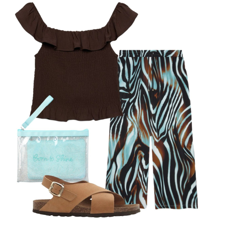 Outfit donna - Stampa. Stile Bon Ton per Tutti i giorni. Abbinamento con sandali in pelle, pochette, top, pantaloni a palazzo.
