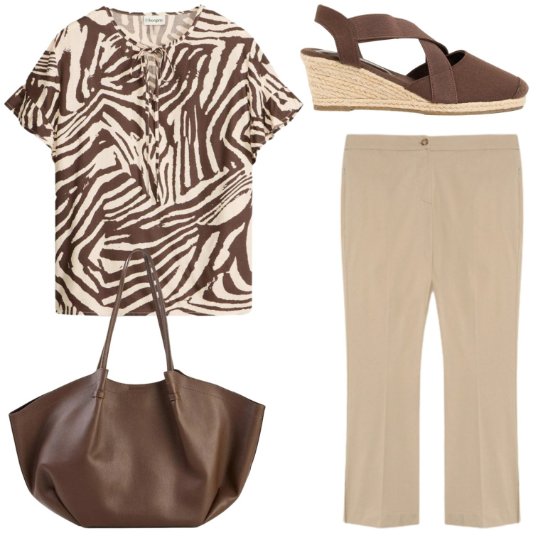 Outfit donna - Etno chic. Stile Etnico per Tutti i giorni. Abbinamento con shopping bag, camicie a manica corta, zeppe, pantaloni.
