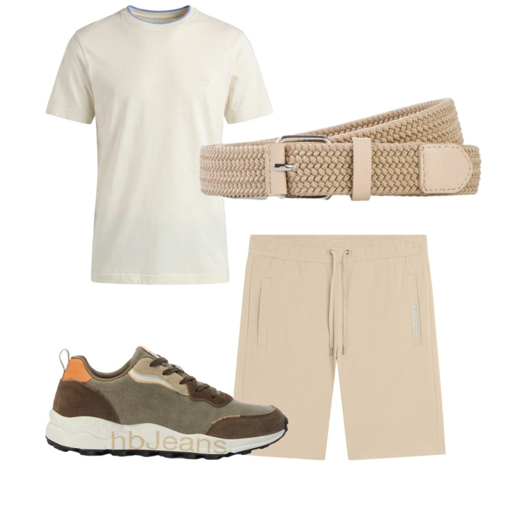 Outfit uomo - Sand. Stile Casual per Tutti i giorni. Abbinamento con cinture, t-shirt, sneakers, pantaloni corti.