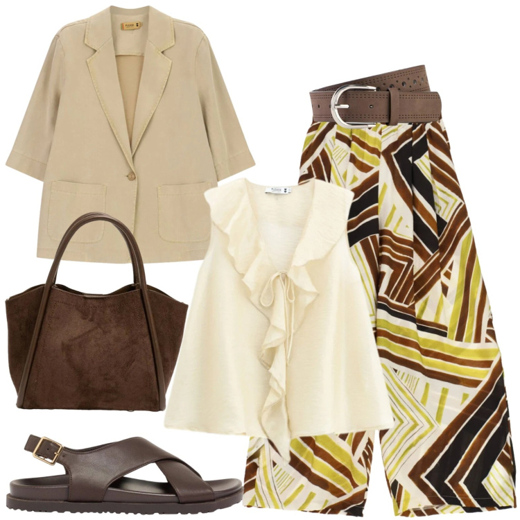 Outfit donna - Casual. Stile Casual per Tutti i giorni. Abbinamento con sandali in pelle, cinture, top, pantaloni a palazzo, blazer, borse a spalla.