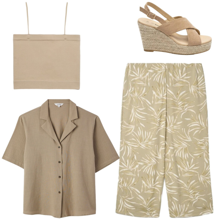 Outfit donna - Urban. Stile Casual chic per Tutti i giorni. Abbinamento con sandali col tacco, top, pantaloni a palazzo, camicie a manica corta.