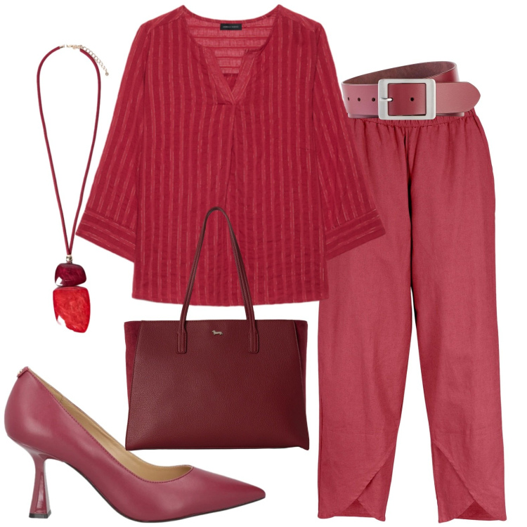 Outfit donna - Rosso bordeaux e righe. Stile Casual chic per Tutti i giorni. Abbinamento con décolleté, pantaloni, cinture, shopping bag, bluse, ciondoli.