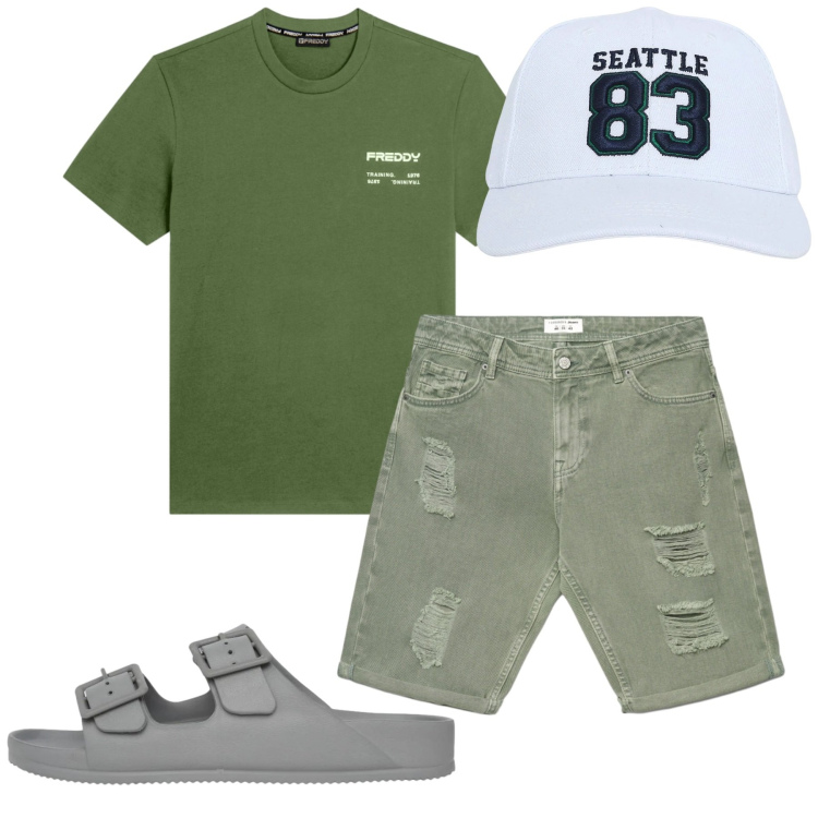 Outfit uomo - Verde. Stile Casual per Tutti i giorni. Abbinamento con cappelli con visiera, bermuda, sandali, t-shirt.