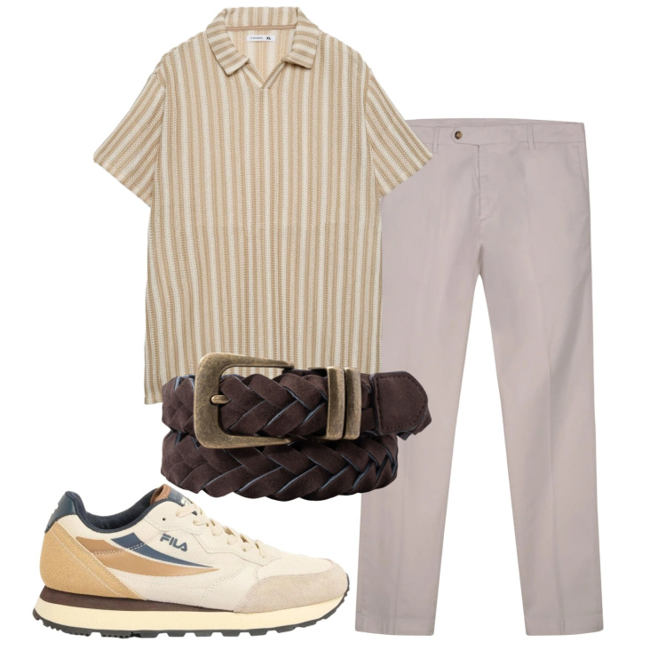 Outfit uomo - Righe verticali. Stile Casual per Tutti i giorni. Abbinamento con sneakers, polo, pantaloni chino, cinture.