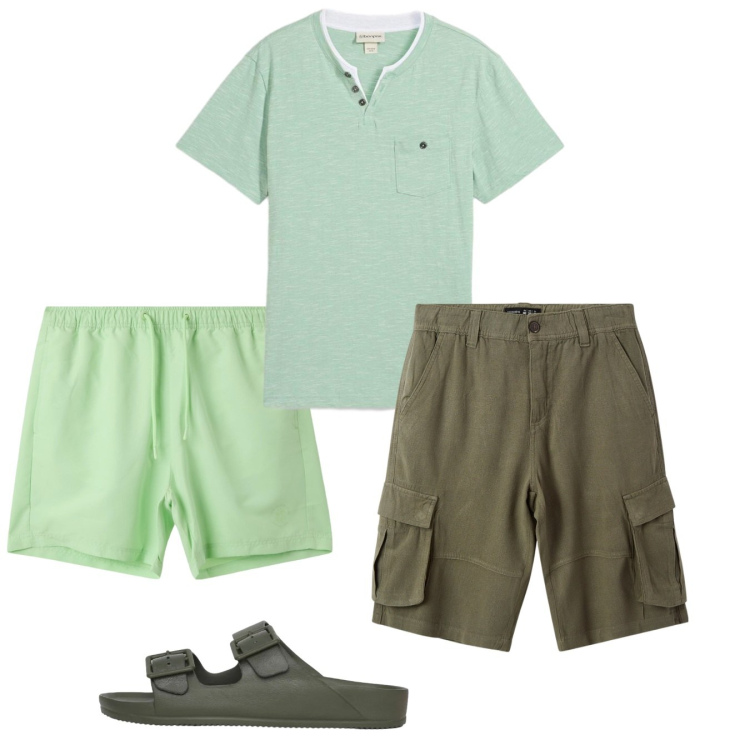 Outfit uomo - Vacanze 9. Stile Casual per Tutti i giorni. Abbinamento con t-shirt, bermuda, costumi, sandali.