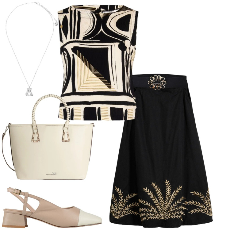 Outfit donna - Vacanza. Stile Boho per Mare. Abbinamento con décolleté, gonne lunghe, shopping bag, top, cinture, ciondoli.