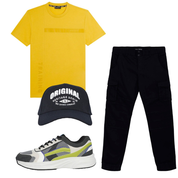 Outfit uomo - Urban style. Stile Urban per Tutti i giorni. Abbinamento con pantaloni cargo, sneakers, cappelli con visiera, t-shirt.