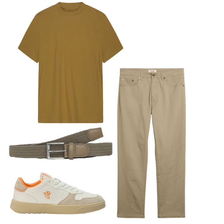 Outfit uomo - Beige. Stile Casual per Tutti i giorni. Abbinamento con pantaloni, sneakers, cinture, t-shirt.