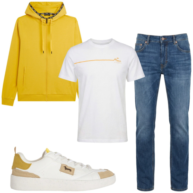 Outfit uomo - Total look #2453471. Stile Trendy per Tutti i giorni. Abbinamento con t-shirt, sneakers, jeans, felpe con cappuccio.