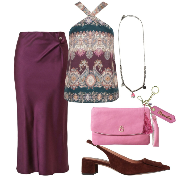 Outfit donna - Sera d\'agosto. Stile Casual chic per Serata fuori. Abbinamento con décolleté, top, gonne longuette, ciondoli, pochette, portachiavi.
