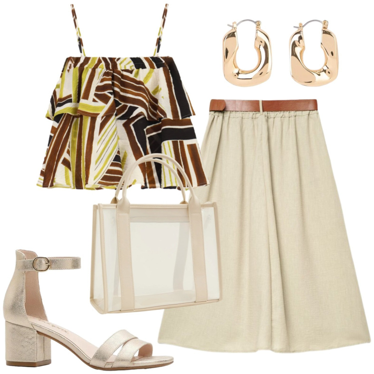 Outfit donna - Agosto. Stile Casual per Tutti i giorni. Abbinamento con sandali col tacco, orecchini, borse tote, gonne lunghe, top.