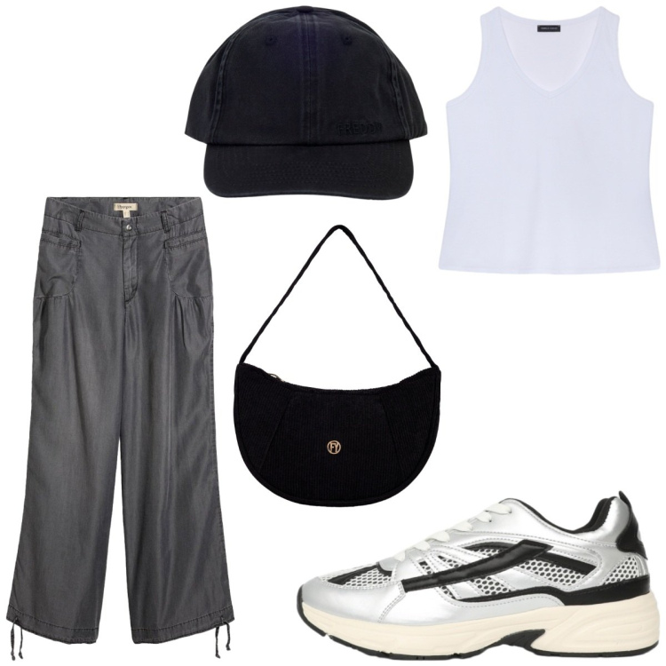 Outfit donna - Agosto, non ci sono per nessuno!. Stile Urban per Tutti i giorni. Abbinamento con pantaloni, sneakers, cappelli con visiera, borse a mano, canottiere.