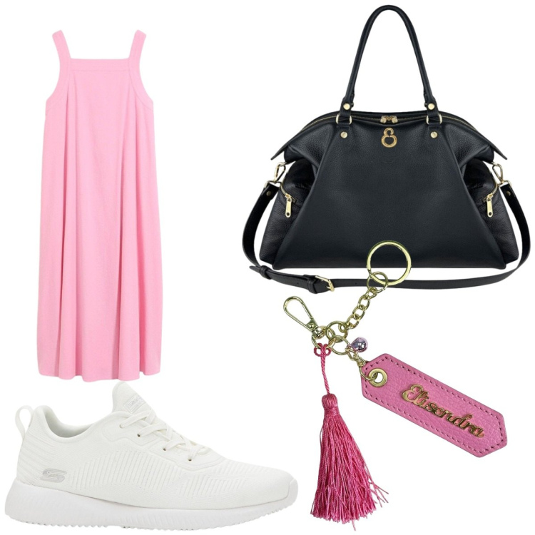 Outfit donna - Cena vista mare. Stile Casual chic per Serata fuori. Abbinamento con sneakers, vestiti lunghi, shopping bag, portachiavi.