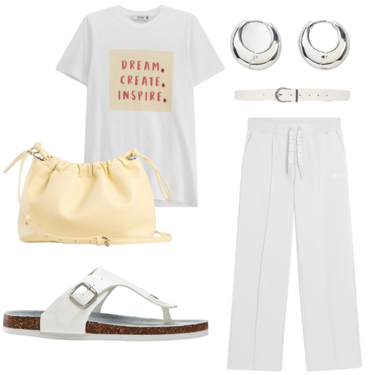Outfit donna - Ossessione white. Stile Casual per Tutti i giorni. Abbinamento con infradito, orecchini, borse a tracolla, cinture, t-shirt, pantaloni.