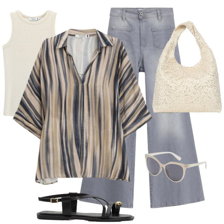 Outfit donna - Comoda, elegante disinvolta. Stile Casual chic per Tutti i giorni. Abbinamento con occhiali da sole, sandali, borse a spalla, camicie, jeans, canottiere.